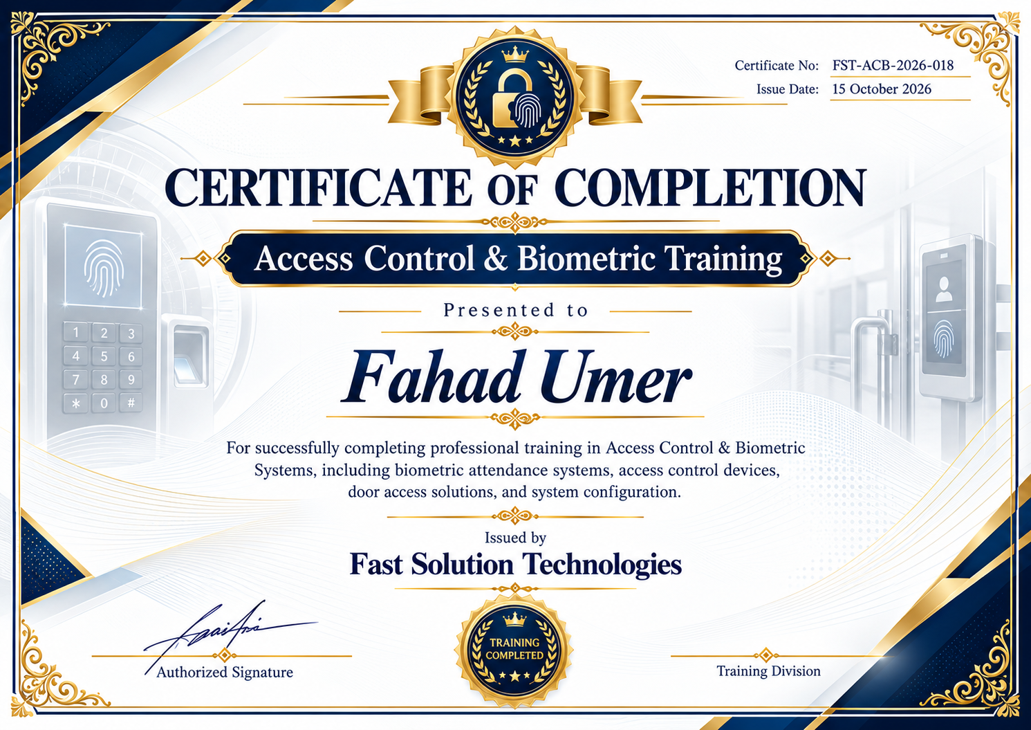 Access Control and Biometric Training Certificate - Fahad Umer