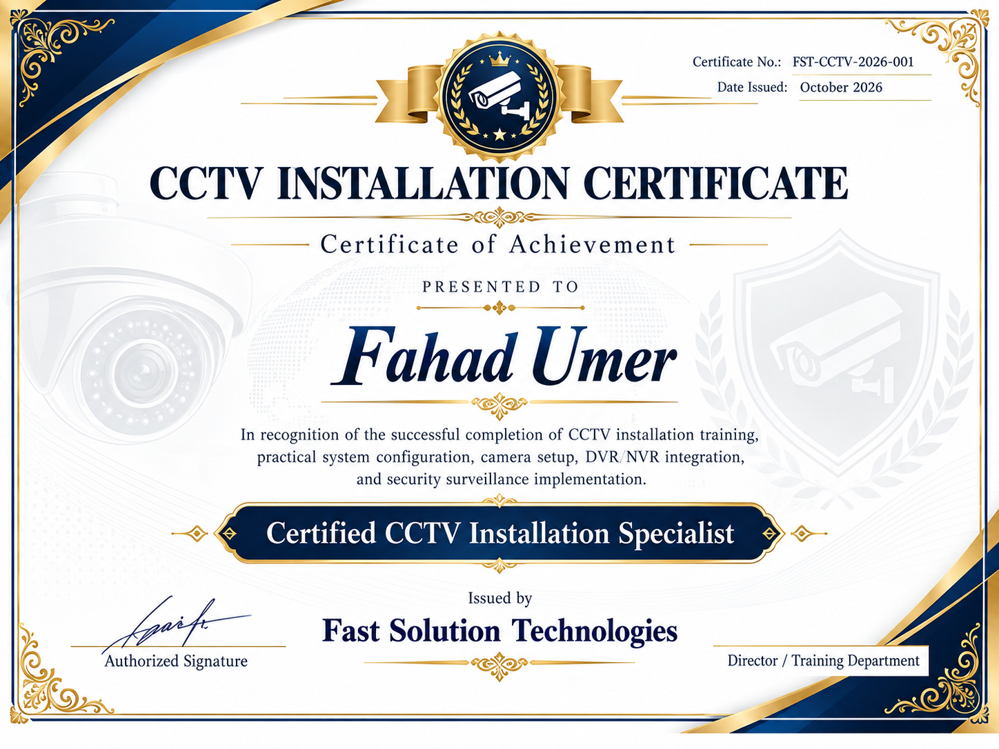 CCTV Installation Certificate - Fahad Umer