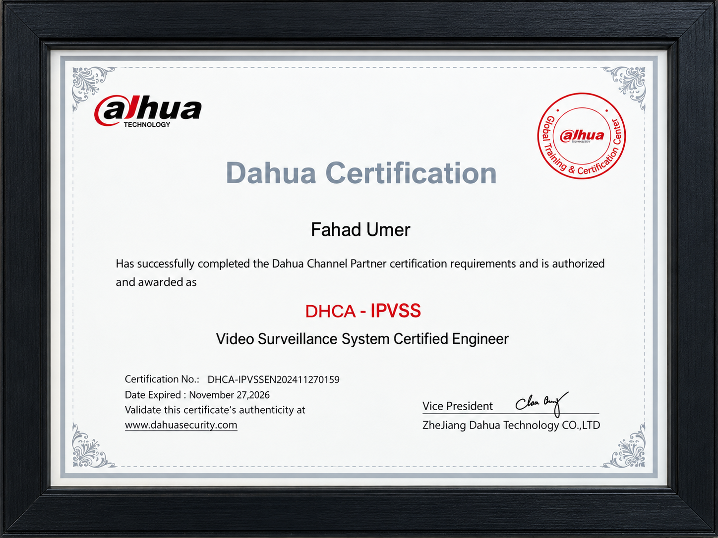 Dahua Video Surveillance Training Certificate - Fahad Umer