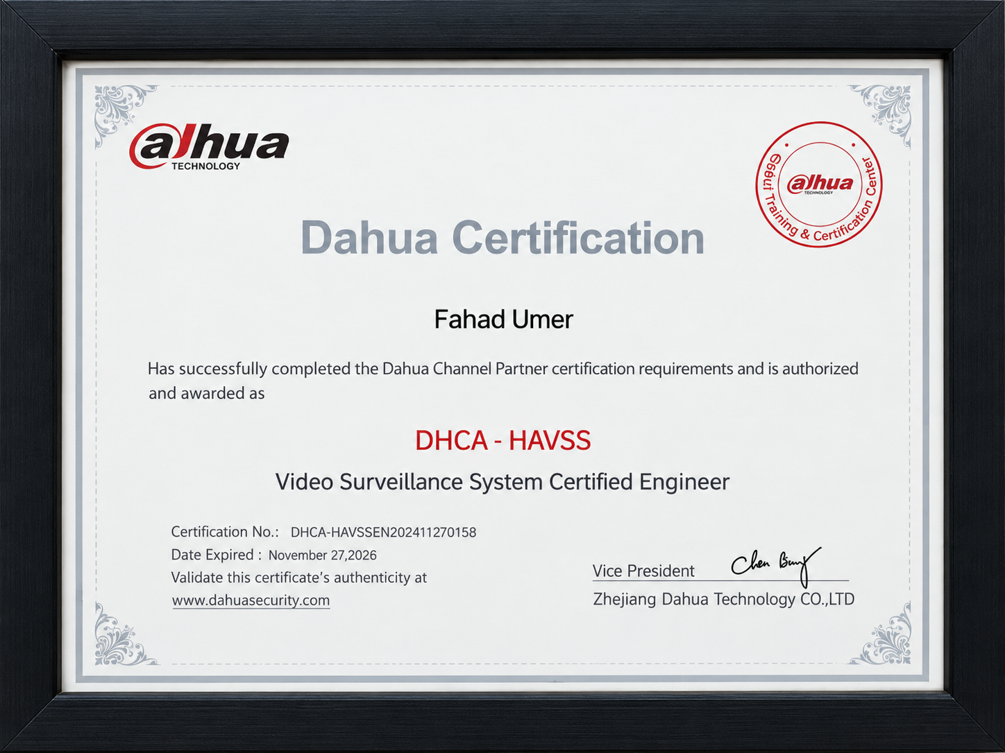 Dahua Technical Training Certificate - Fahad Umer