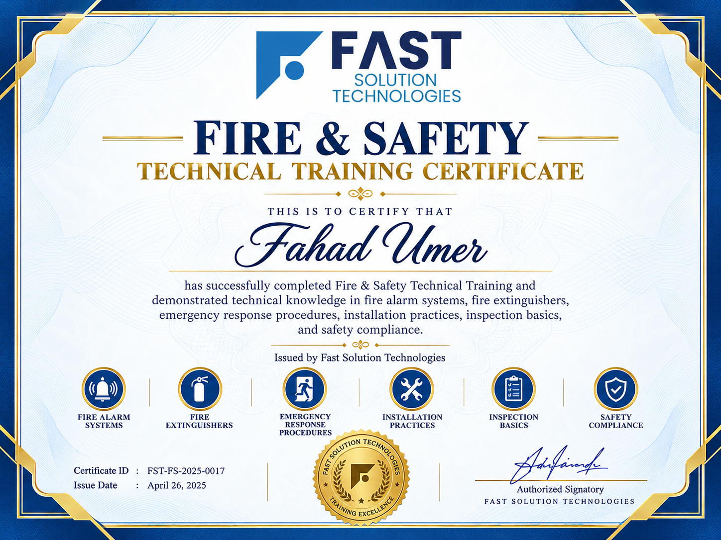 Fire and Safety Technical Training Certificate - Fahad Umer