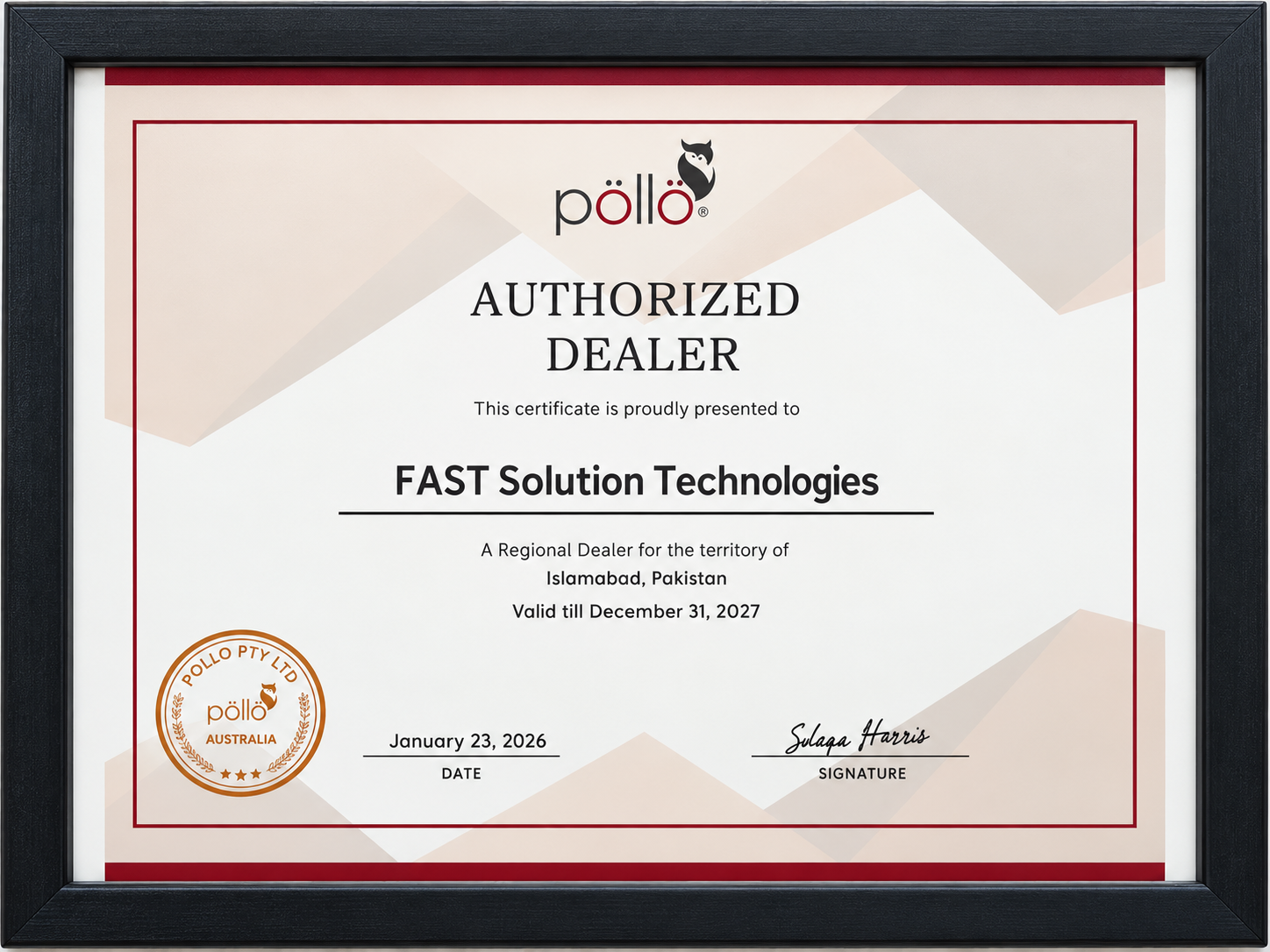 Pollo Authorized Dealer Certificate - Fast Solution Technologies